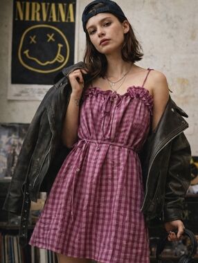 Topshop Pink Plaid Mini Dress Adjustable Straps Textured Stretch 90s Grunge Chic